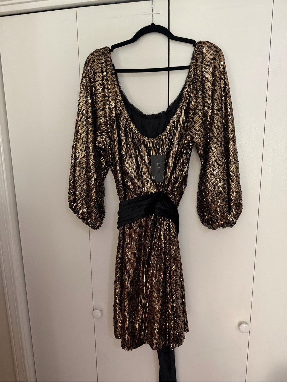 Eloquii Gold Sequin Mini Dress with Black Waist Sash